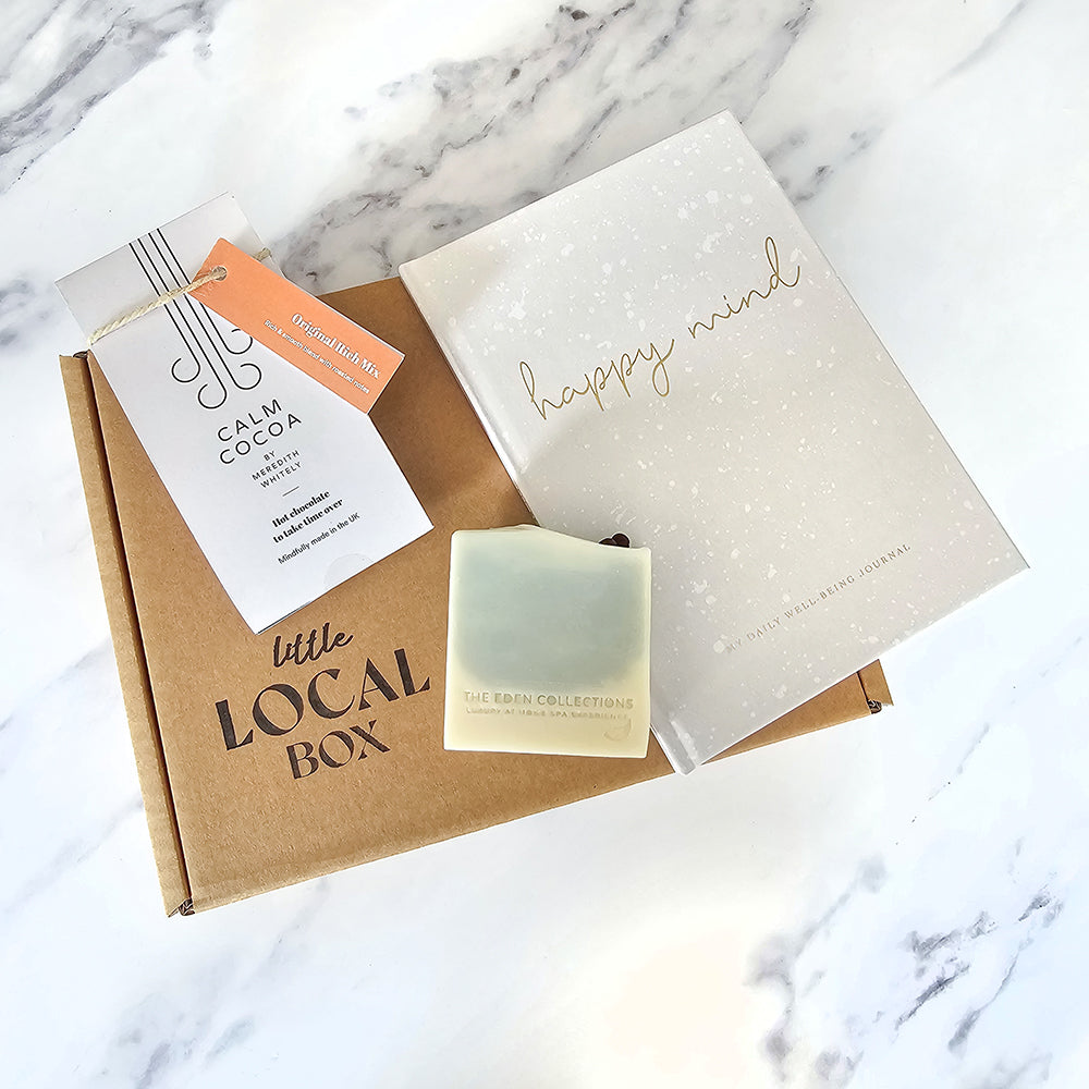 Midlands Little Local Box Gift Collection - Happy Mind Wellbeing Journal, Handmade Soap & Calm Cocoa Hot Chocolate.