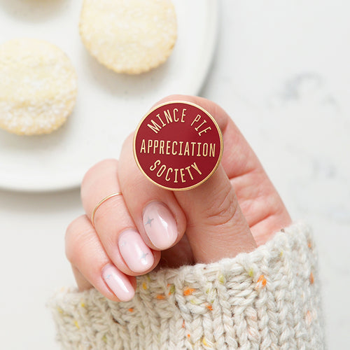 Mince pie appreciation society pin badge - made in the UK. Christmas Edit gift to add to any Little Local Box Gift Collection