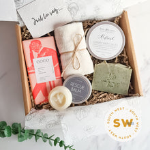 Load image into Gallery viewer, Little Local Box - Rescue gift box care package. Chalke Valley Soaps, The Lane Natural Skincare and Coco Chocolatier.
